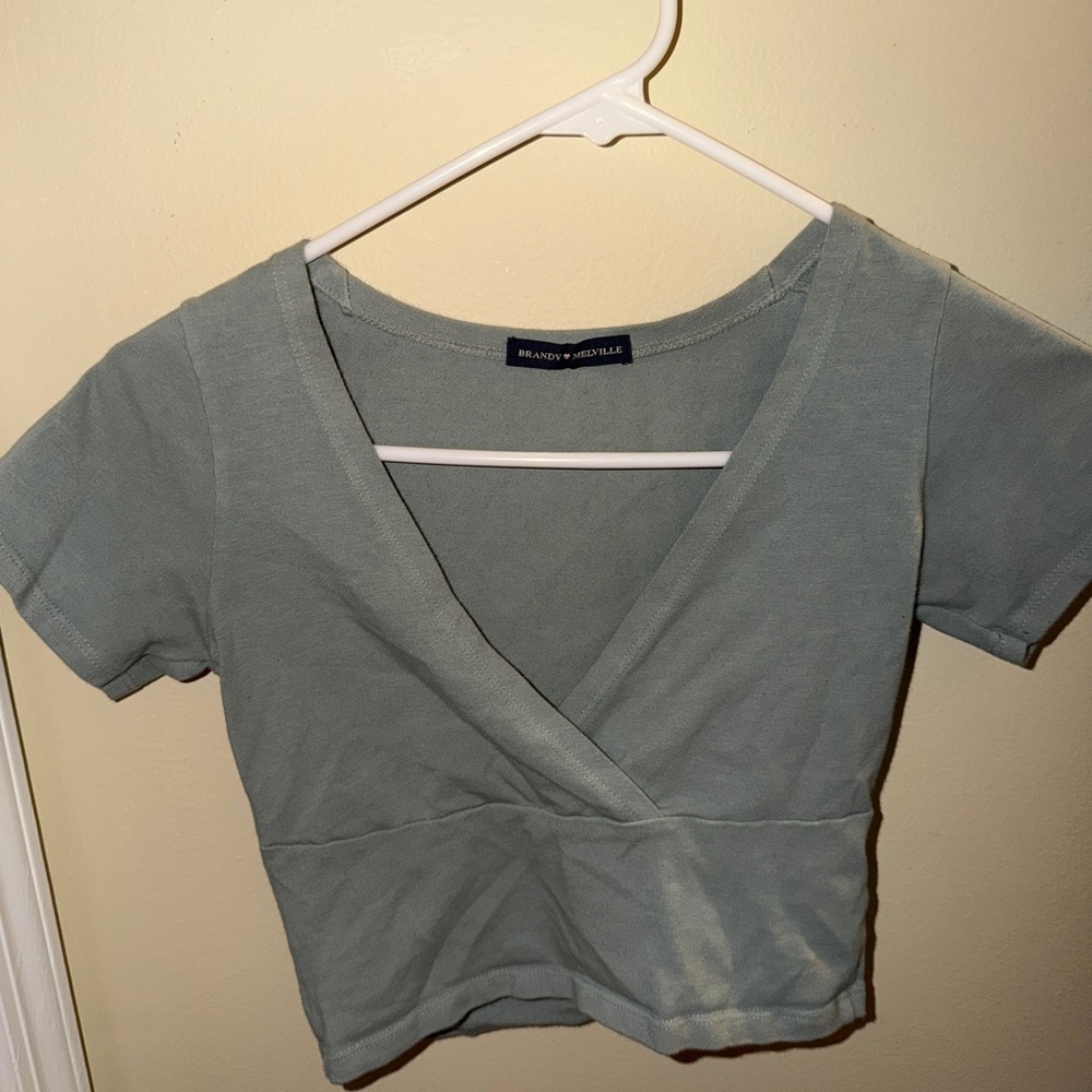 Brandy Melville Women's Sage Green V-Neck Top